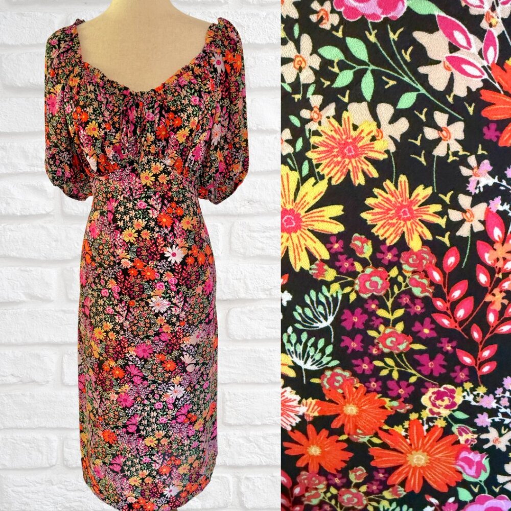 Status by Chenault Floral Midi Dress Peasant Neckline Size Large Short Sleeve